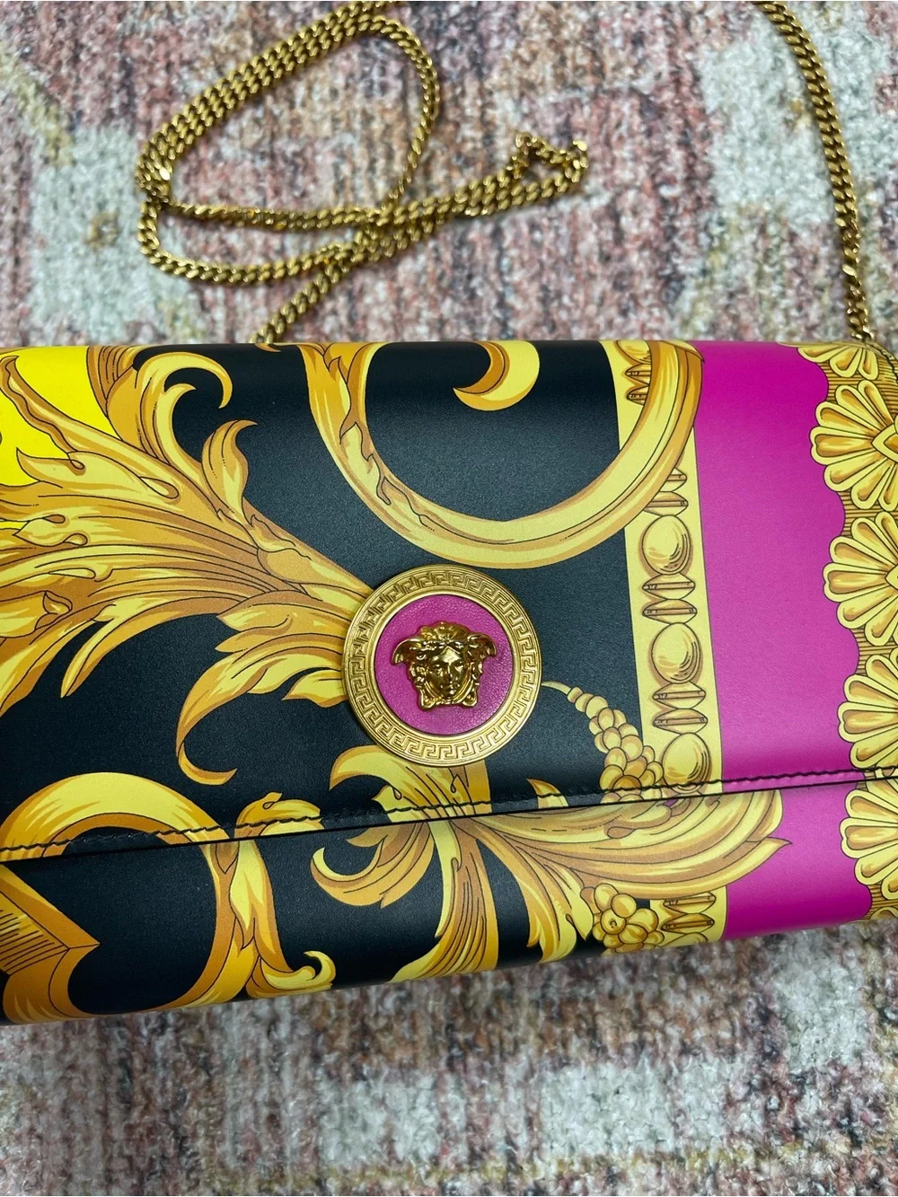 Versace Baroque Medusa Chain Clutch Black Pink Gold Leather Wallet Crossbody